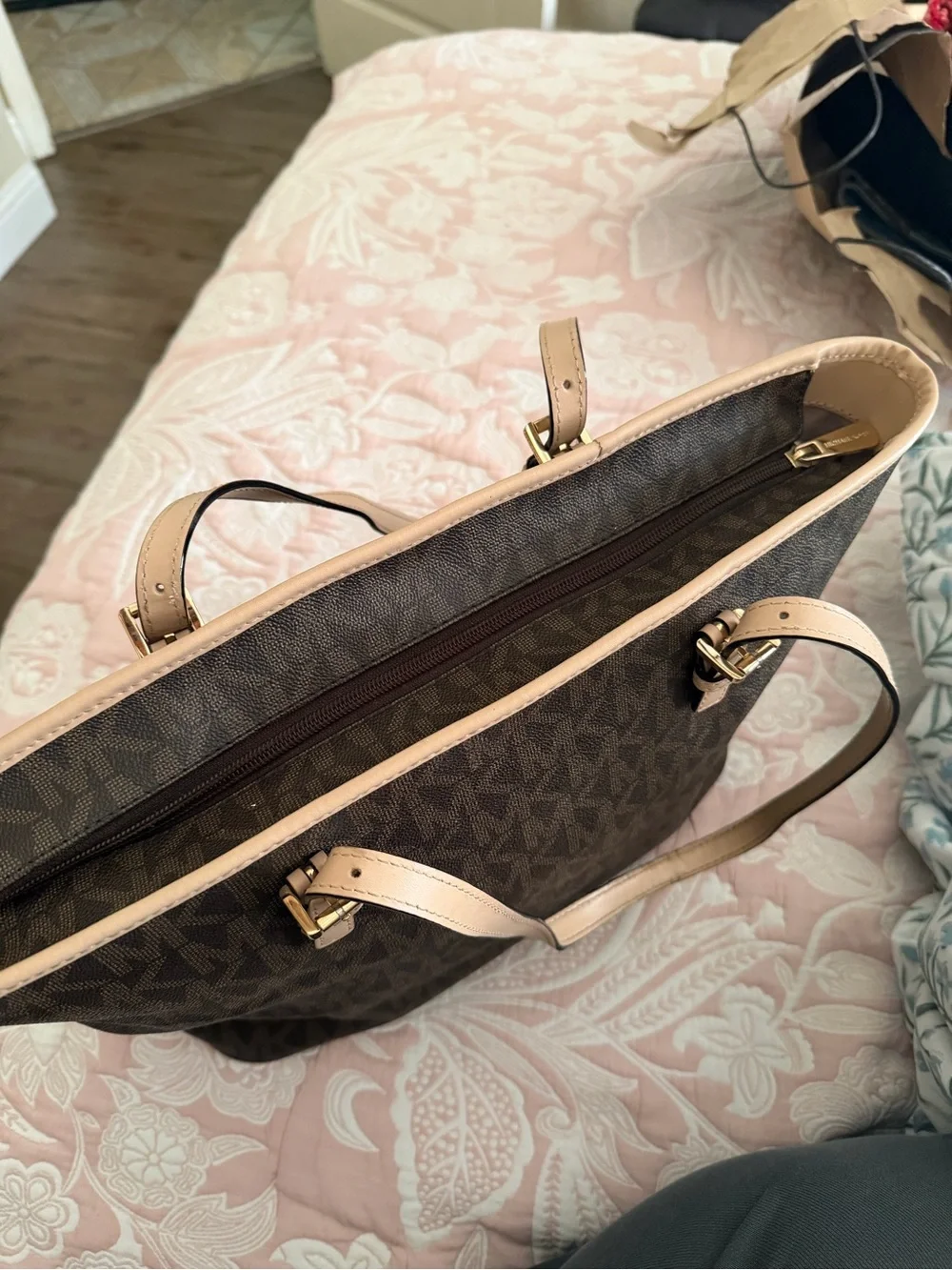 Michael Kors Brown Tote with Blush Trim and Gold Charm